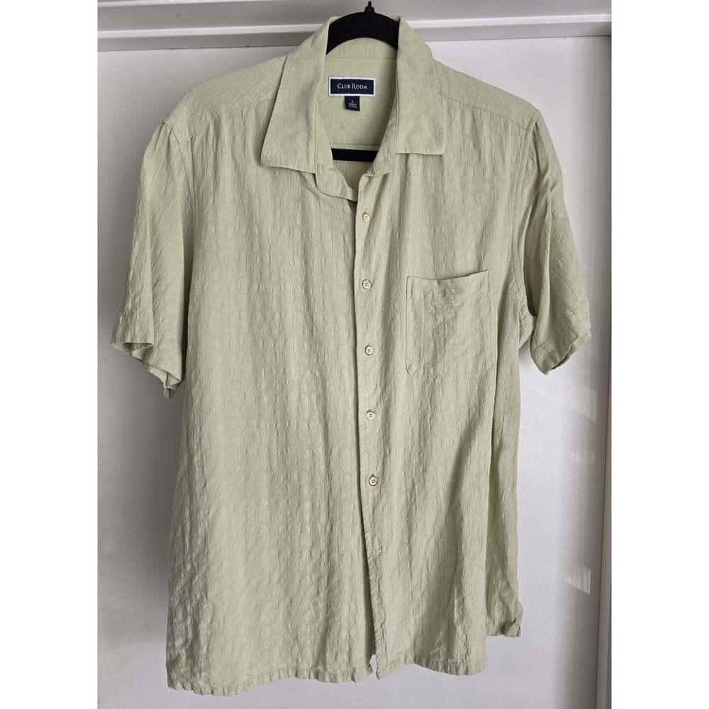 Club Room Men's Short Sleeve Button-Down Shirt Size L Green Silk Blend